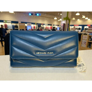 Michael Kors Navy Blue Jet Set Travel Large Quilted Trifold Credit Card Wallet